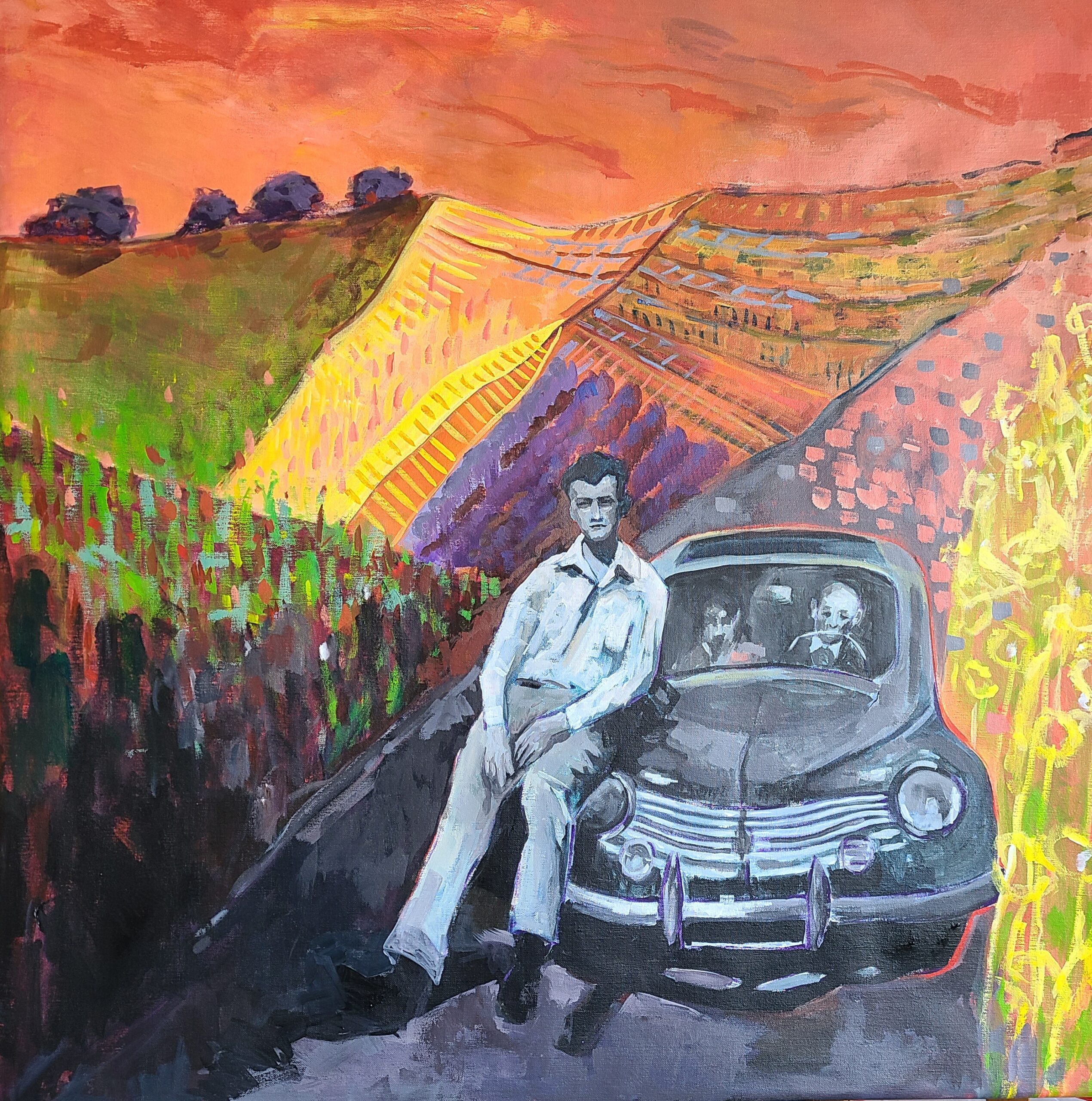 La 4 chevaux_ acrylique sur toile_100X100_ 2500 euros